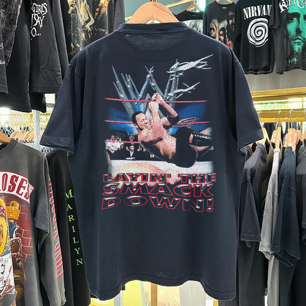 The Rock Layin' The Smack Down 90's Vintage Washed Black T-Shirt