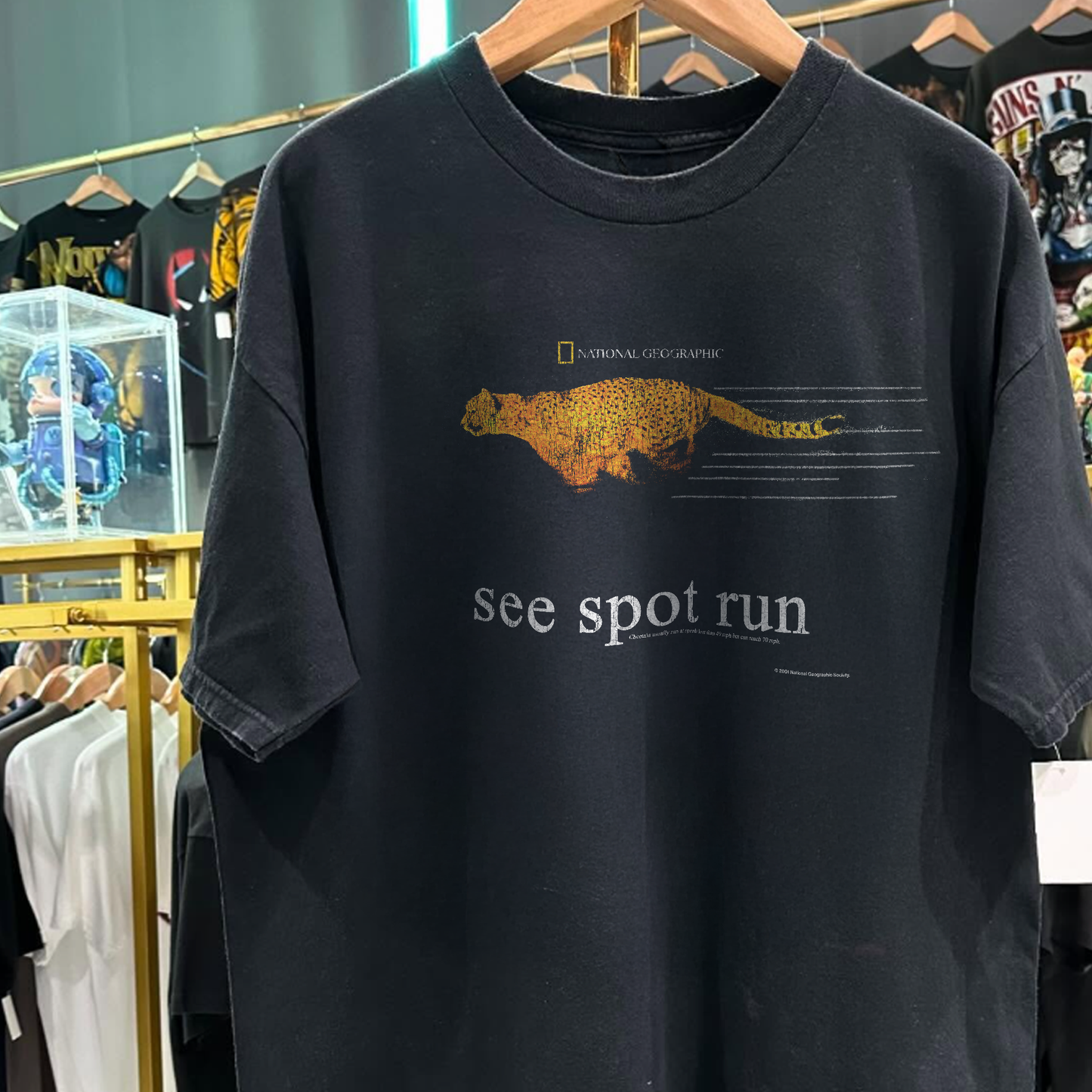 Y2K 'See Spot Run' Cheetah Nat Geo Rare Washed Black T-Shirt