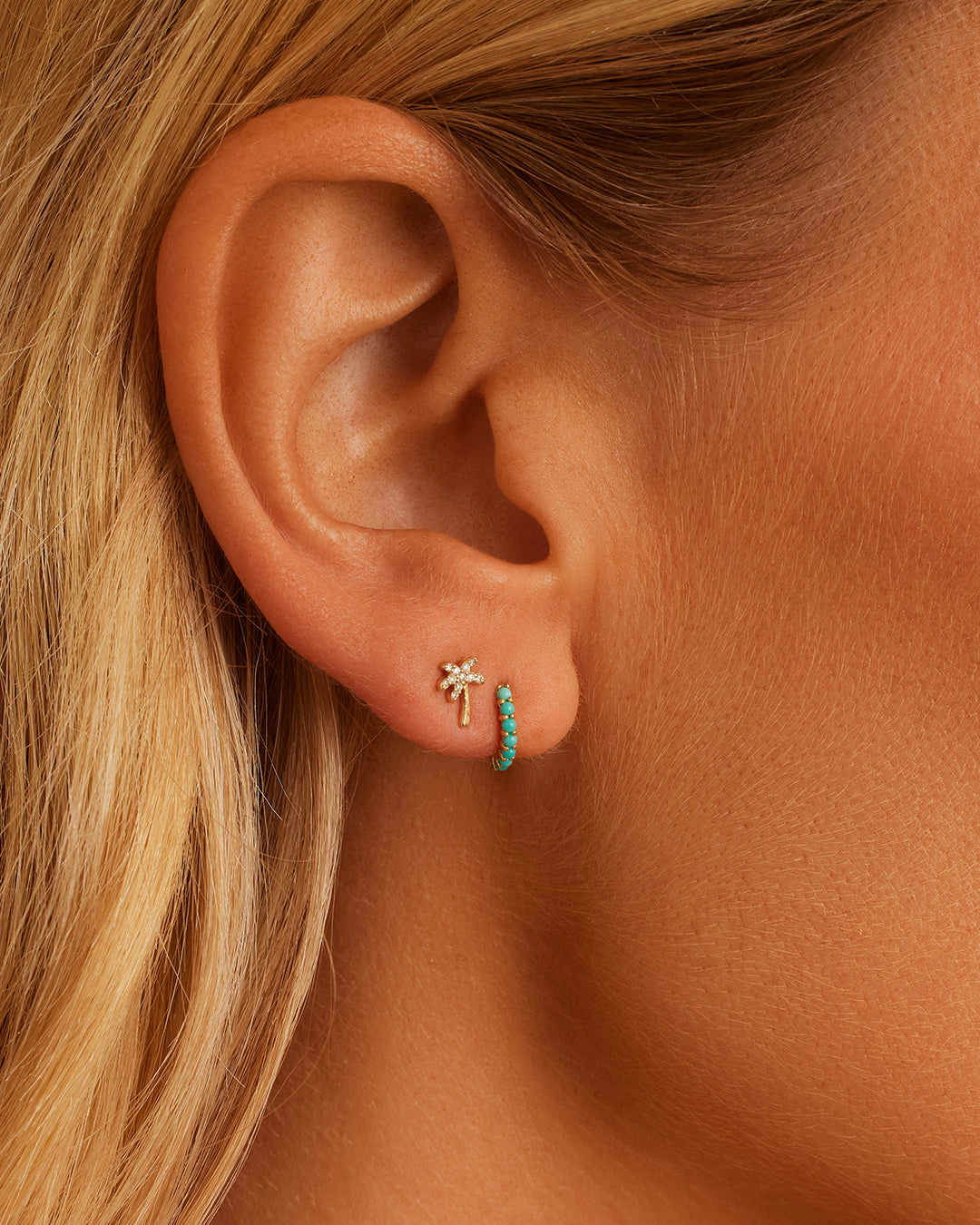 14K Gold Turquoise Row Single Huggie