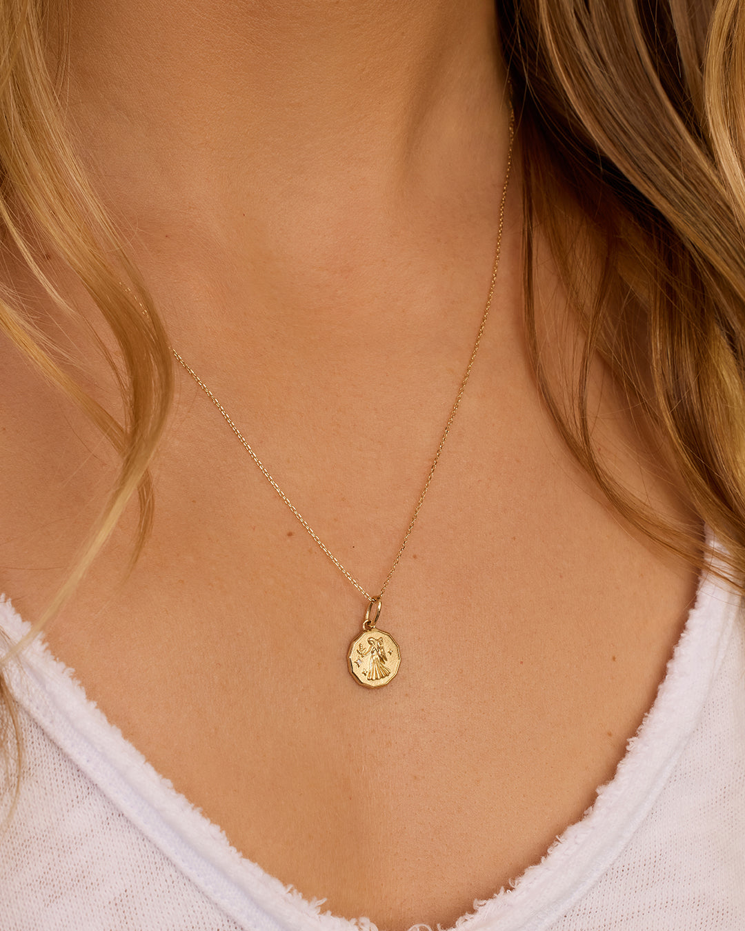 14K Diamond Zodiac Coin Charm Necklace