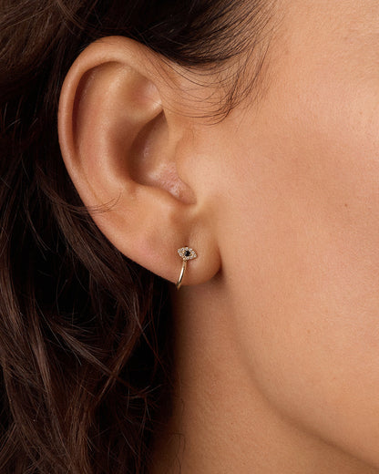 14K Diamond and Blue Sapphire Evil Eye Stud Huggies