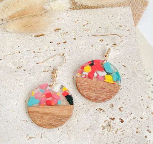 Confetti Resin Wood Circle Earrings