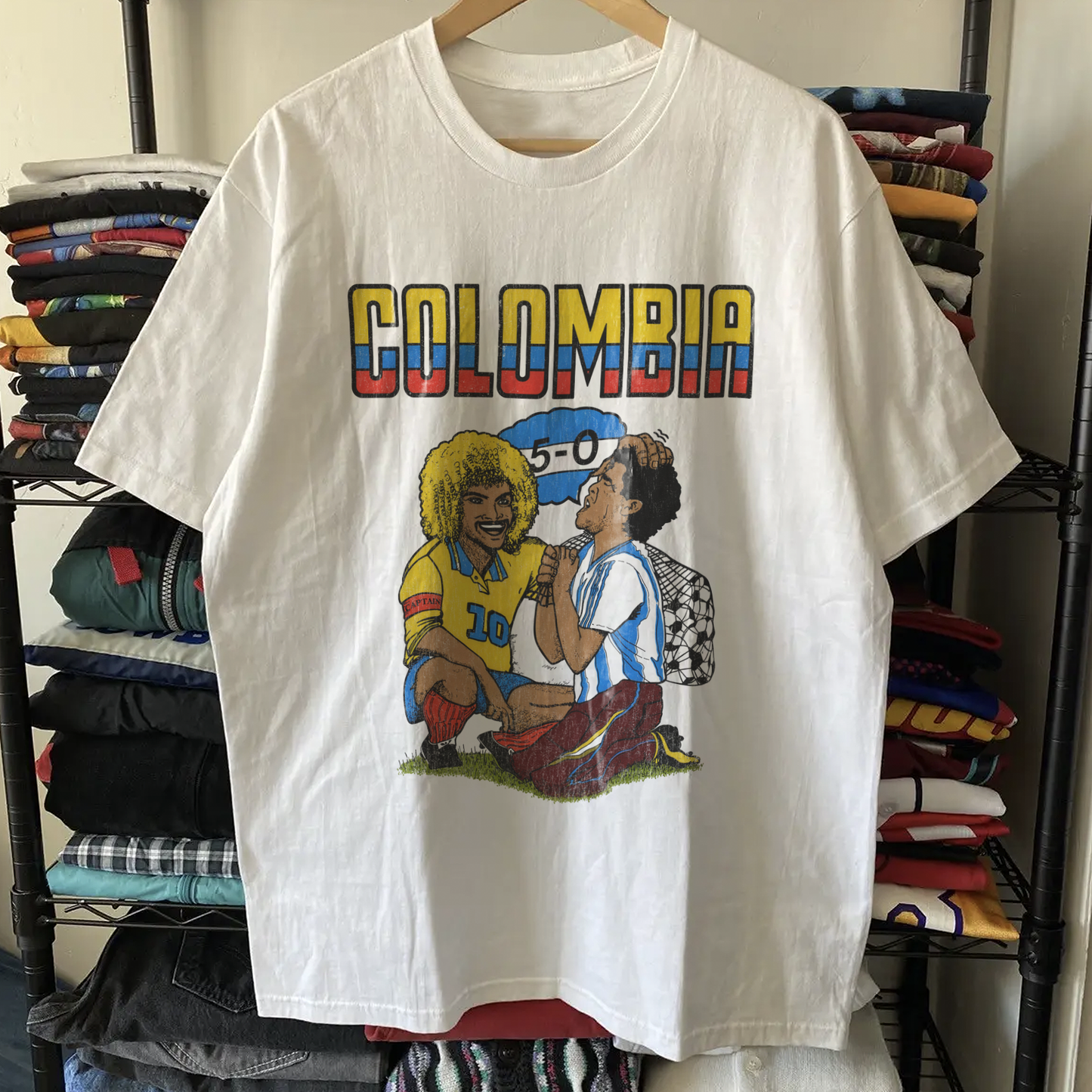94 World Cup Colombia Valderrama Maradona Washed White Tee
