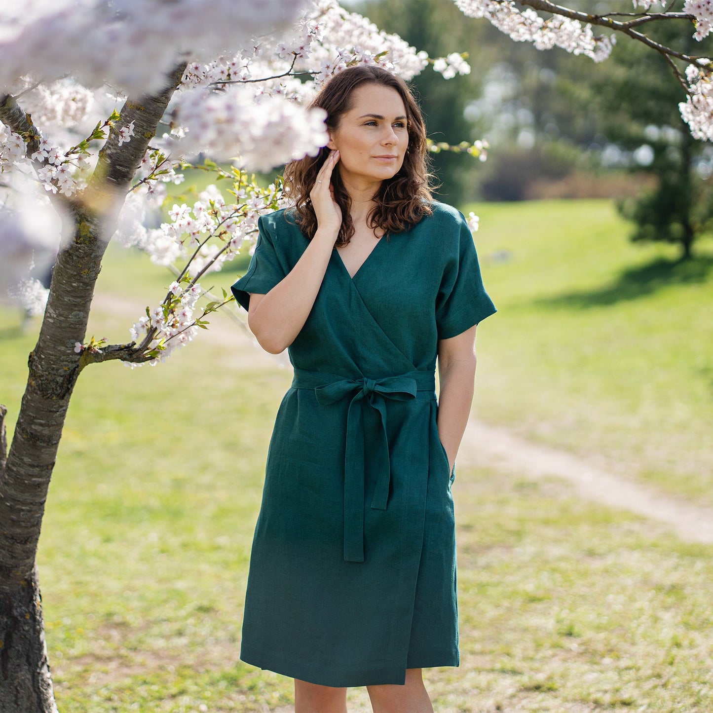 Linen Wrap Dress Eliana Dark Green