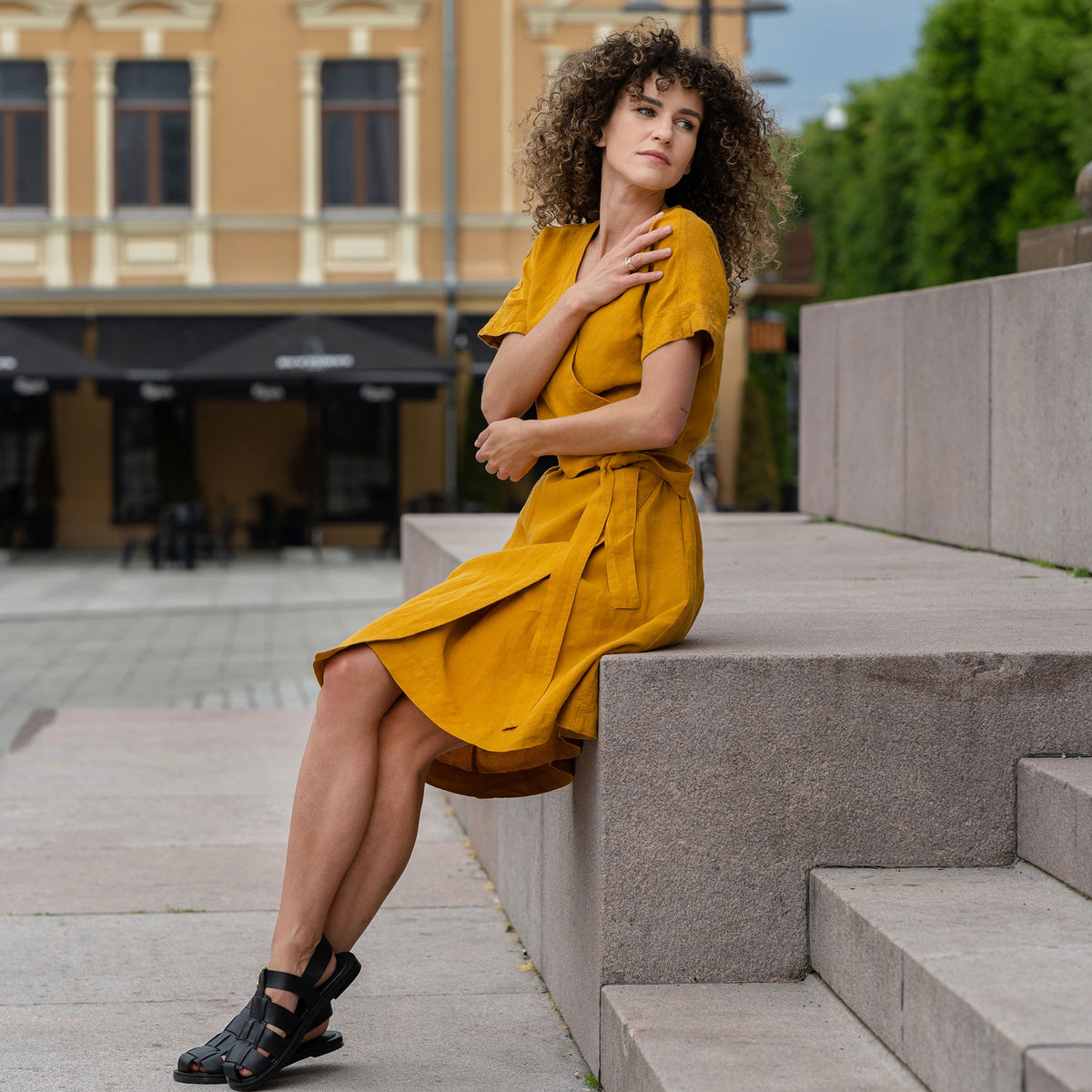 Linen Wrap Dress Eliana Spicy Yellow