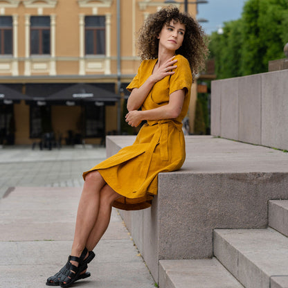 Linen Wrap Dress Eliana Spicy Yellow