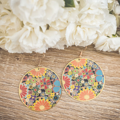 Fun Retro Flower Circle Earrings