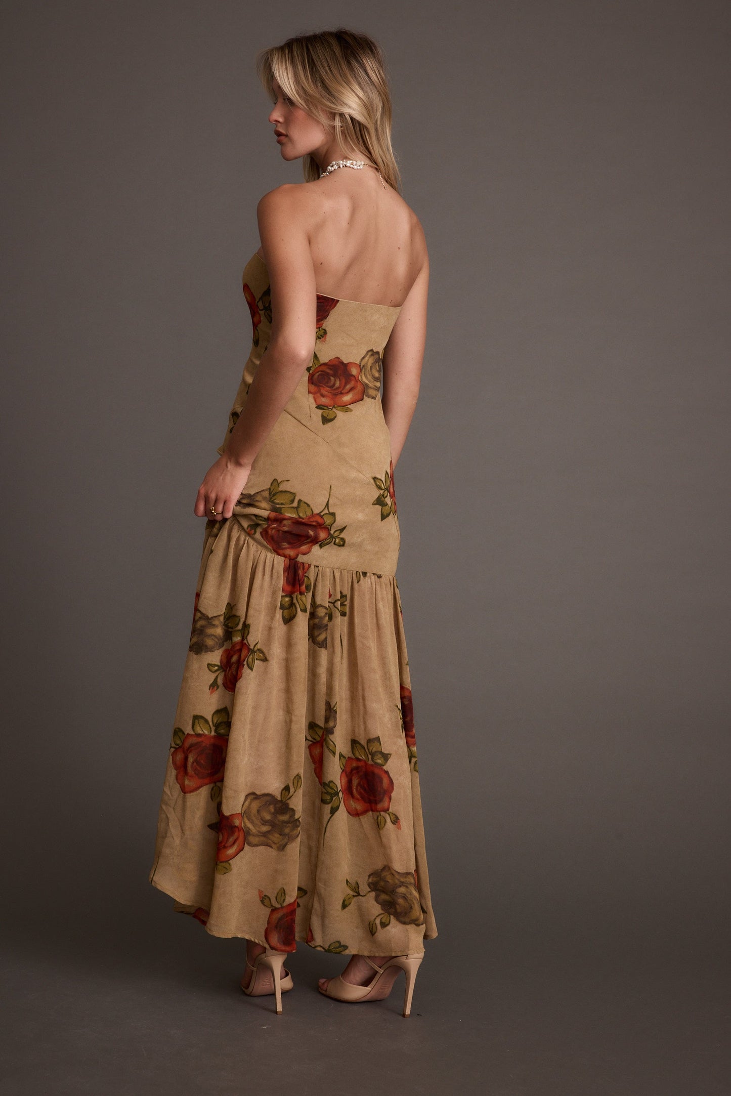 LaBelle Tan Floral Drop Waist Maxi Dress