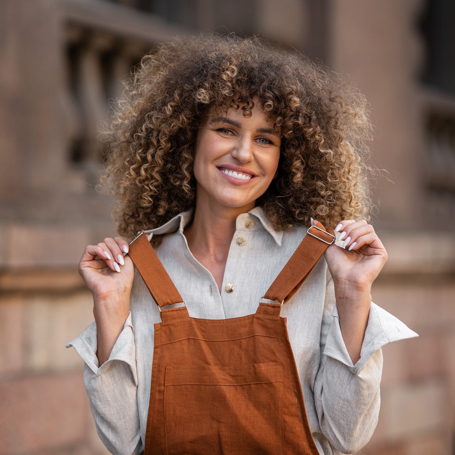 Linen Pinafore Jumpsuit Nicci Almond Brown
