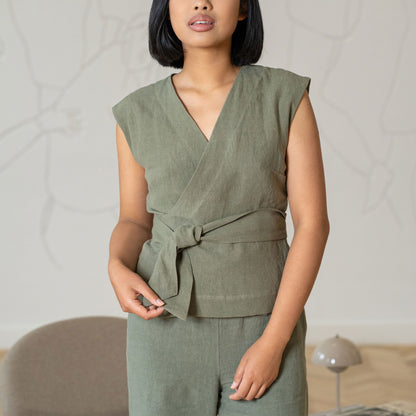 Sleeveless Linen Kimono Wrap Top Ruby