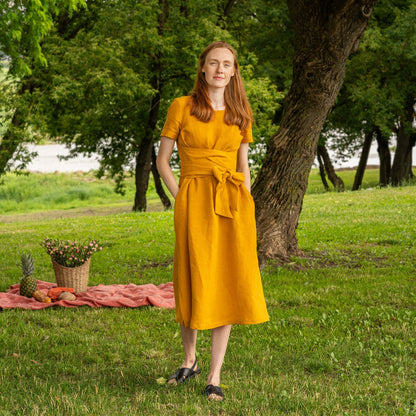 Short Sleeve Linen Wrap Dress Milly