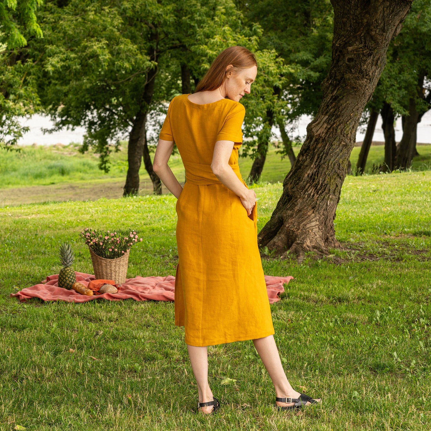 Short Sleeve Linen Wrap Dress Milly