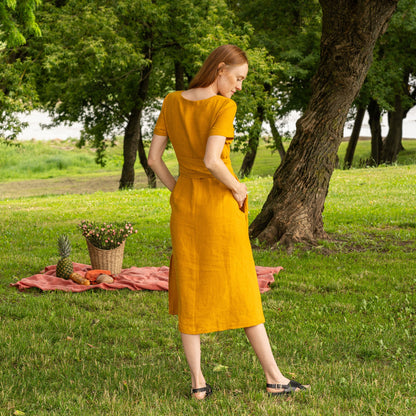 Short Sleeve Linen Wrap Dress Milly
