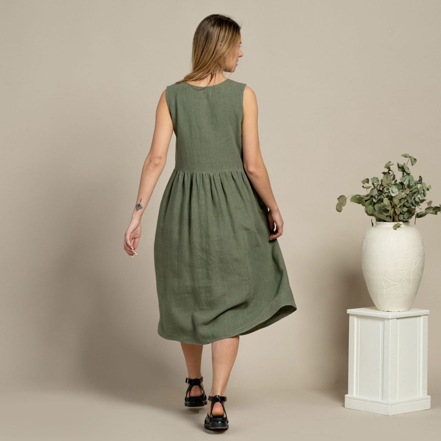 Linen Smock Dress Maya Stone Green