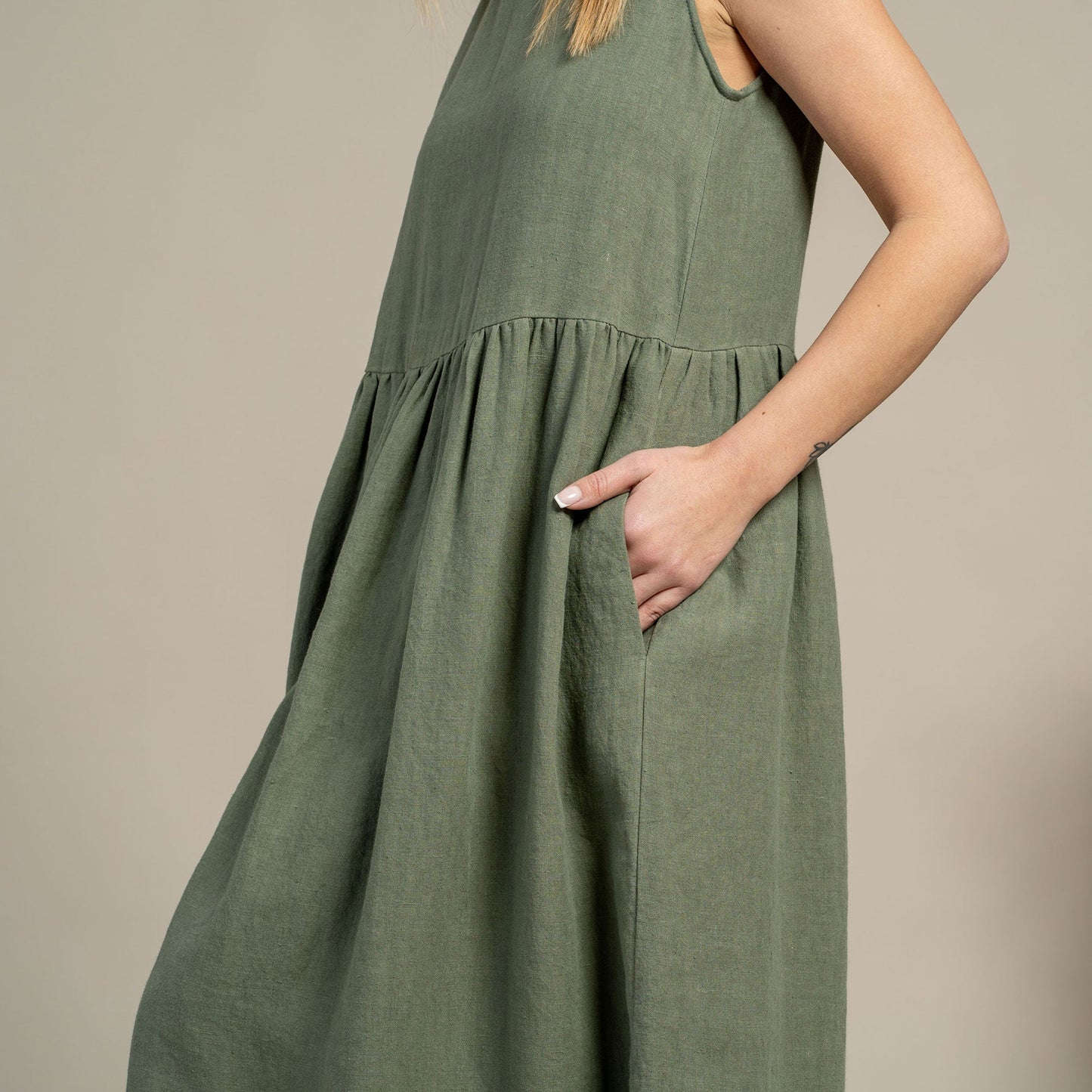 Linen Smock Dress Maya Stone Green