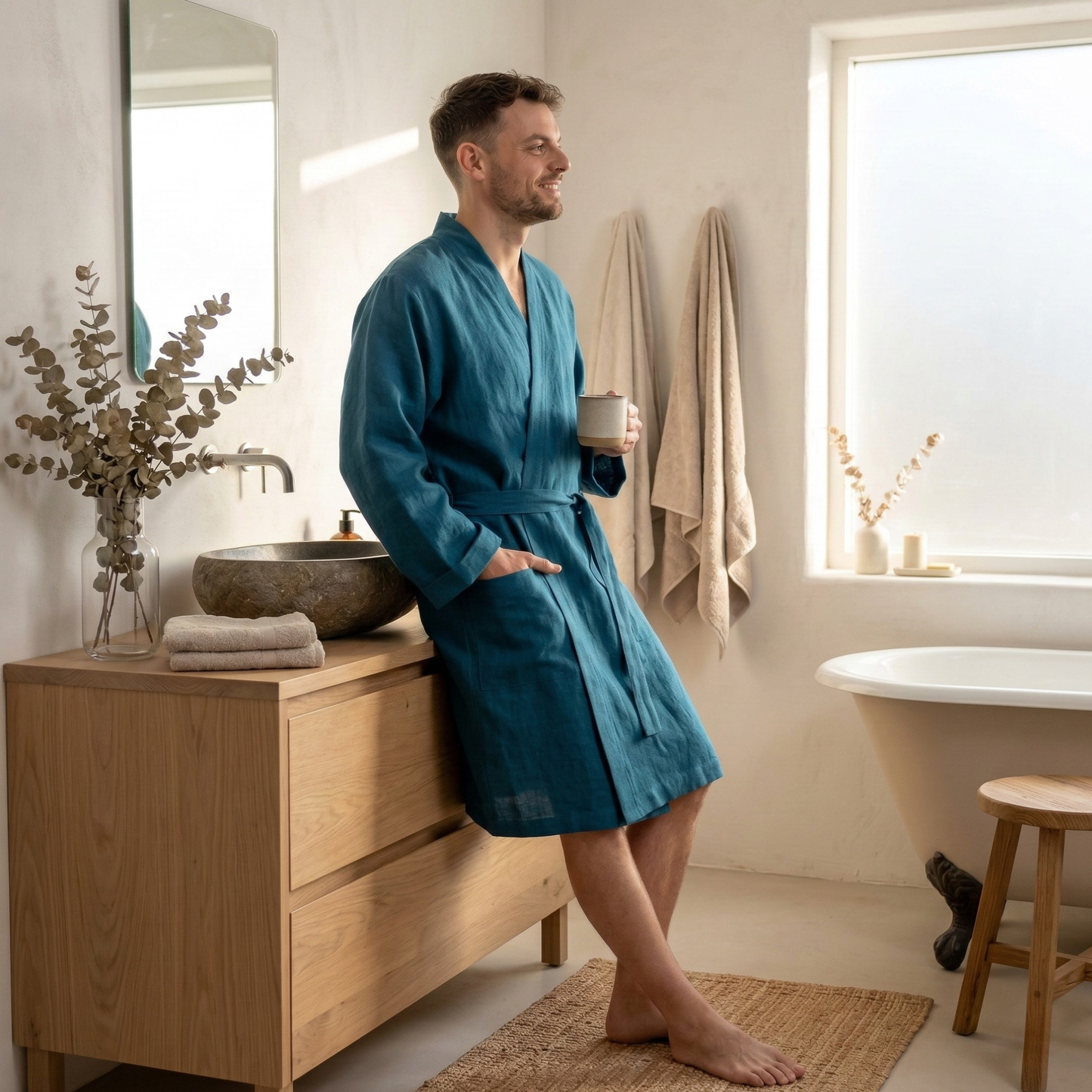 Men's Linen Short Bathrobe