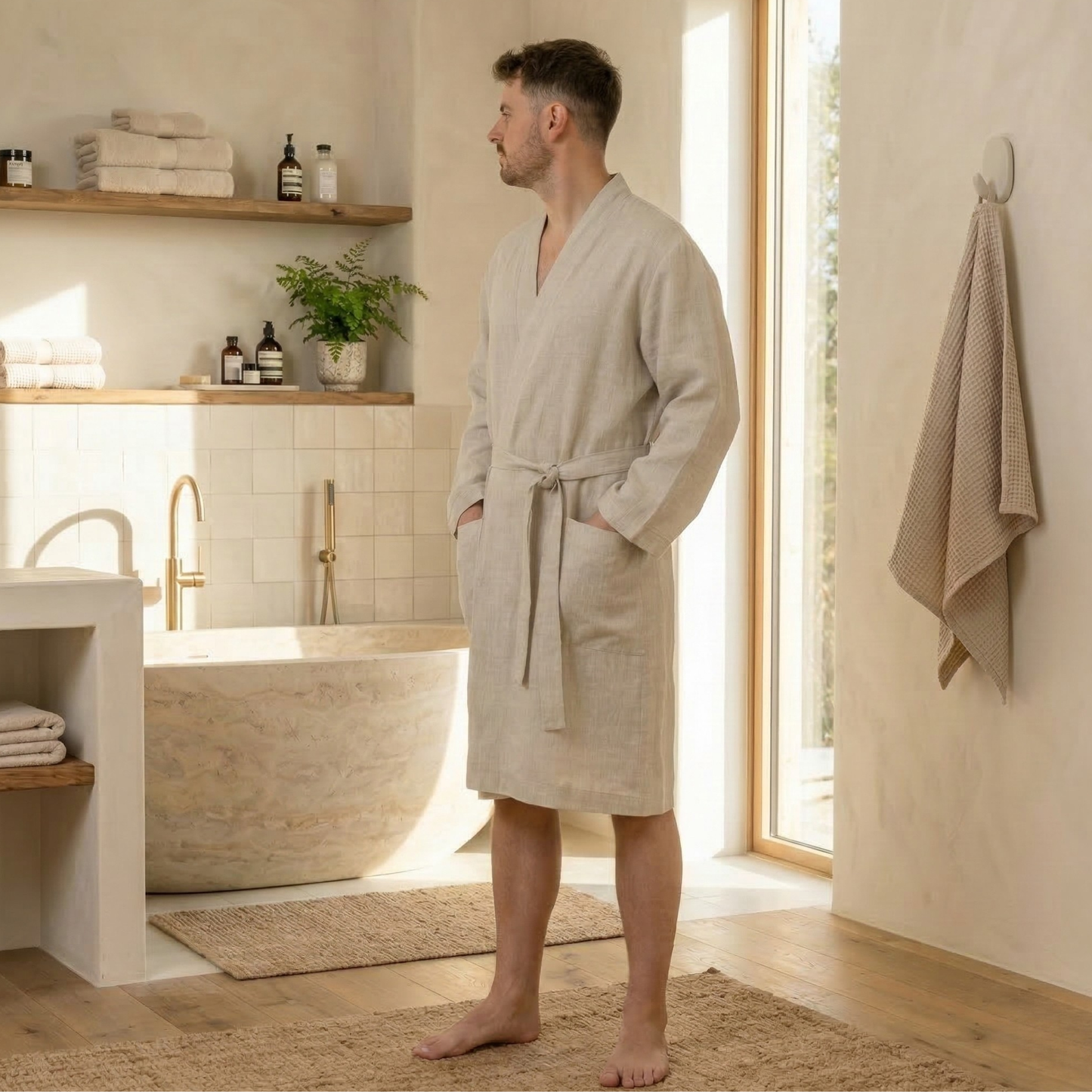 Men's Linen Short Bathrobe