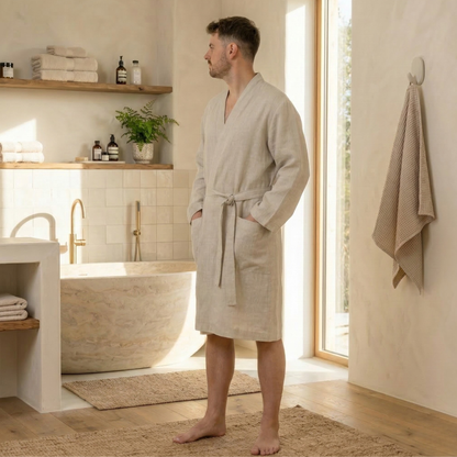 Men's Linen Short Bathrobe