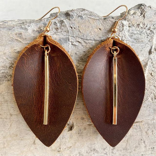 Genuine Leather Leaf Earrings with Gold Bar