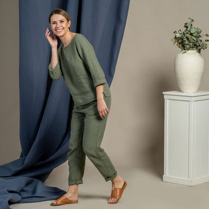 Linen Long Sleeve Blouse & Pants 2-Piece Stone Green