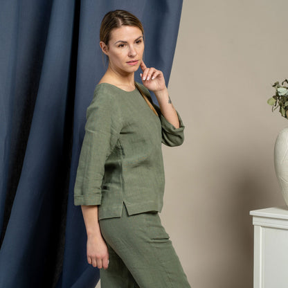 Linen Long Sleeve Blouse & Pants 2-Piece Stone Green