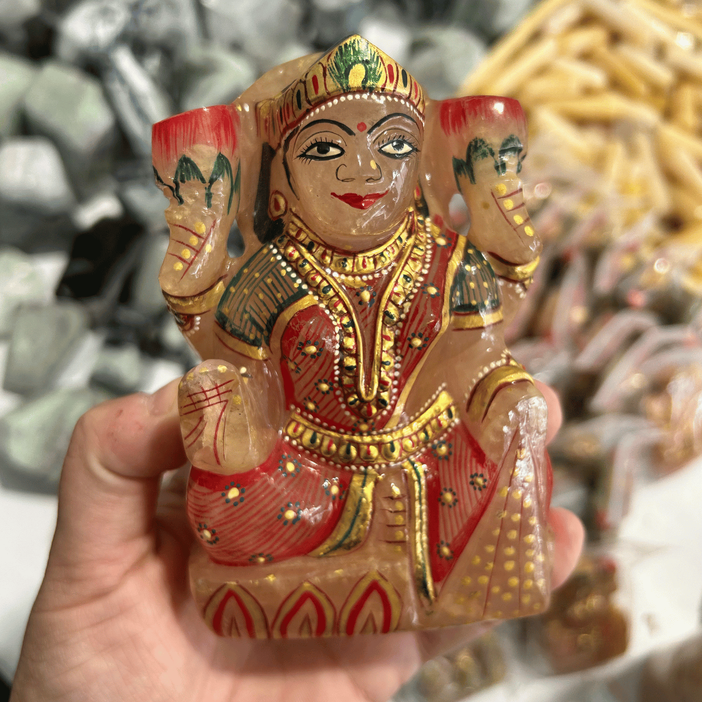 Hand-painted Rose Quartz Lakshmi Statue