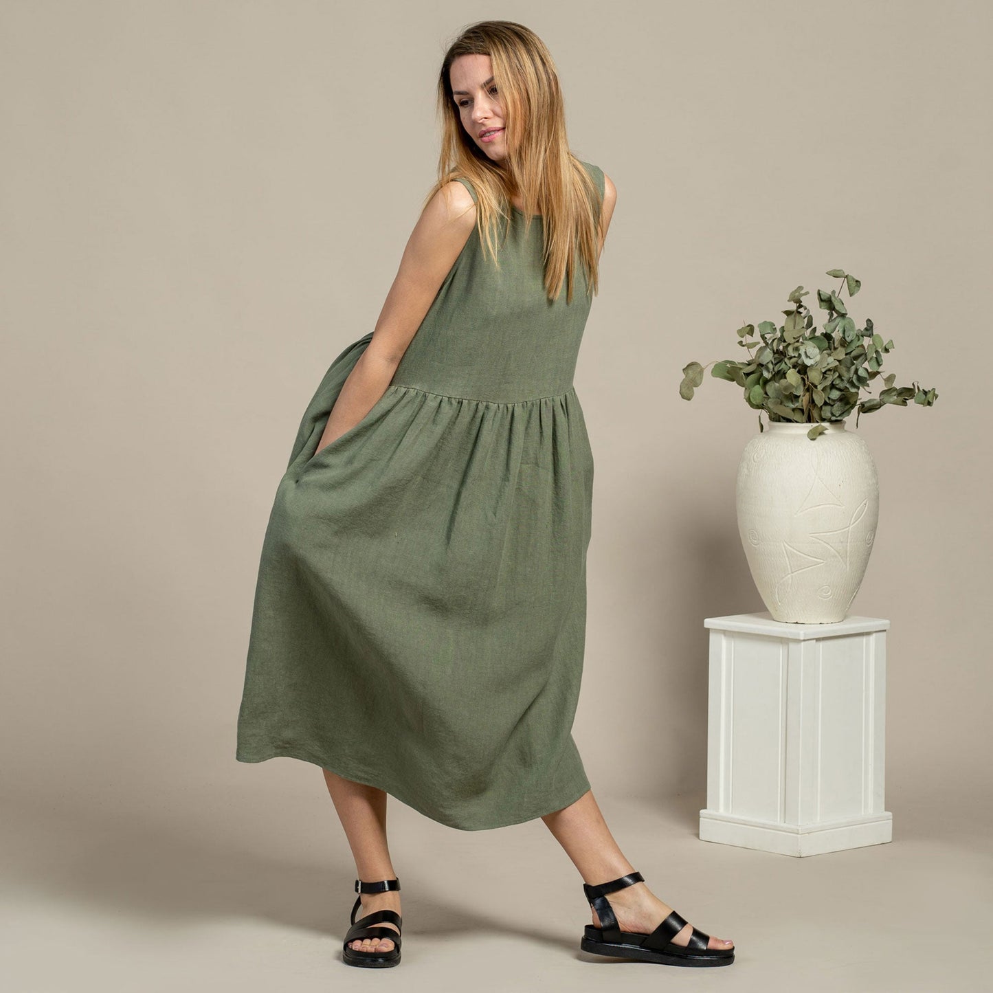 Linen Smock Dress Maya Stone Green