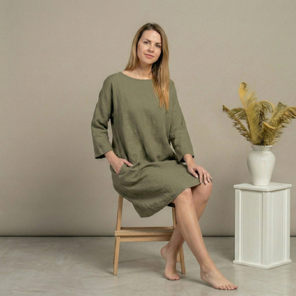 Linen Tunic Dress Selena Stone Green