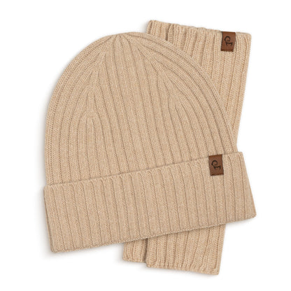 Women's Ribbed Beanie & Wrist Gloves Cashmere Set