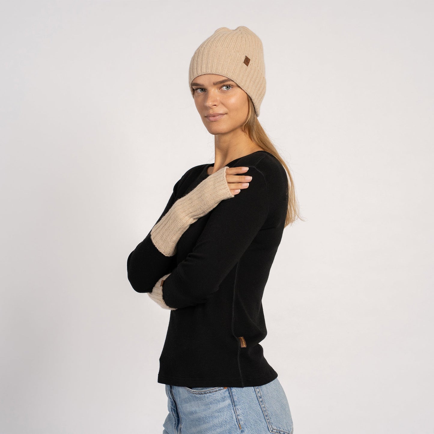 Women's Ribbed Beanie & Wrist Gloves Cashmere Set