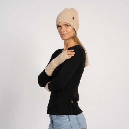 Women's Ribbed Beanie & Wrist Gloves Cashmere Set