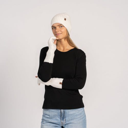 Women's Ribbed Beanie & Wrist Gloves Cashmere Set