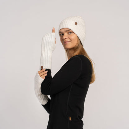 Women's Ribbed Beanie & Wrist Gloves Cashmere Set