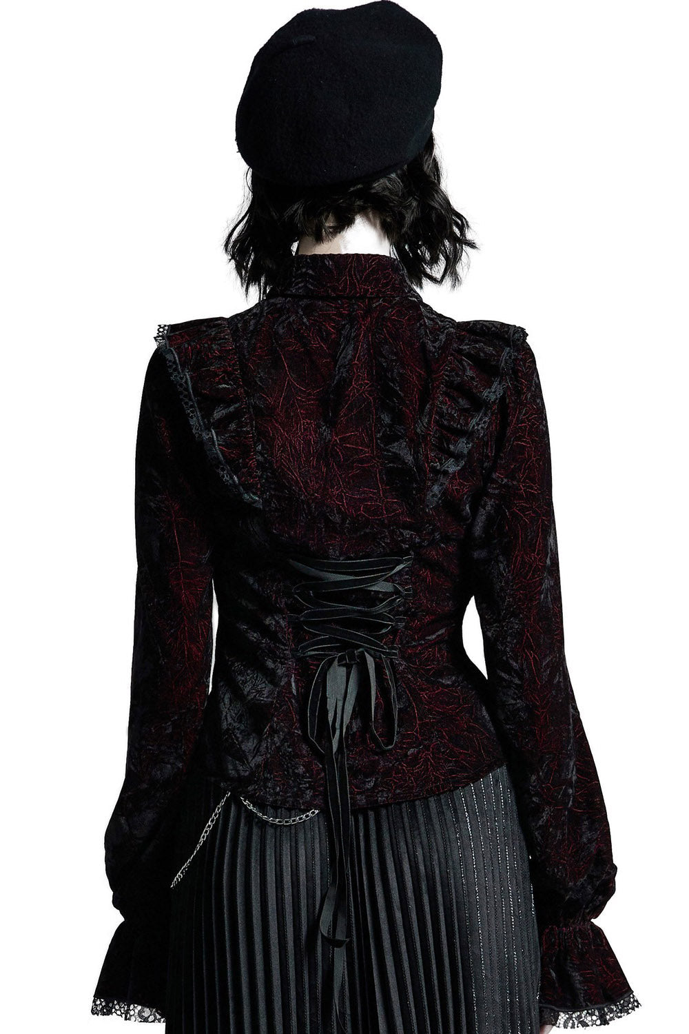 Crimson Manor Ruffled Button-Up Top