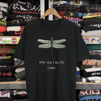 90s National Geographic Why Am I So Fly Washed Black Tee
