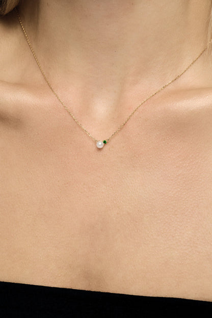 Emerald Pearl Duo Necklace | 9K Yellow Gold