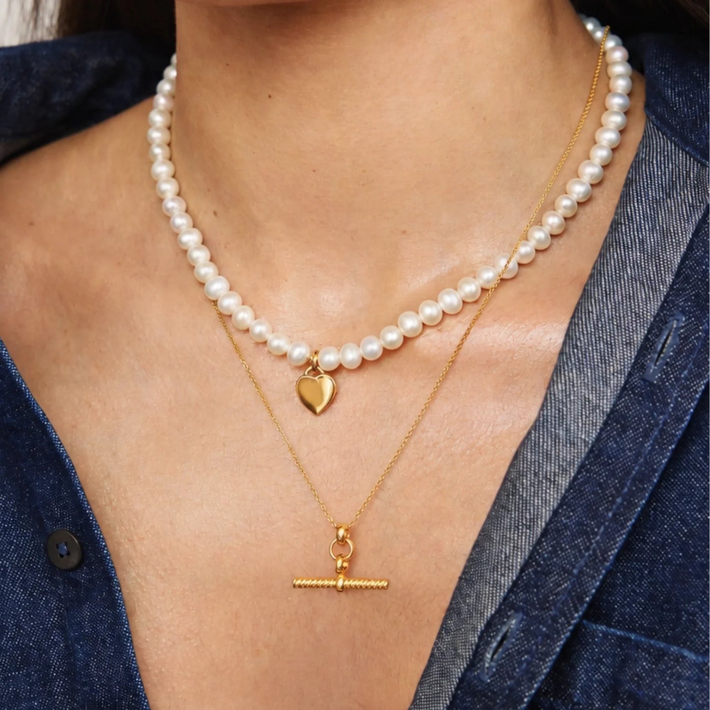 Gold Twisted T-Bar and Large Pearl Personalised Heart Necklace Gift Set